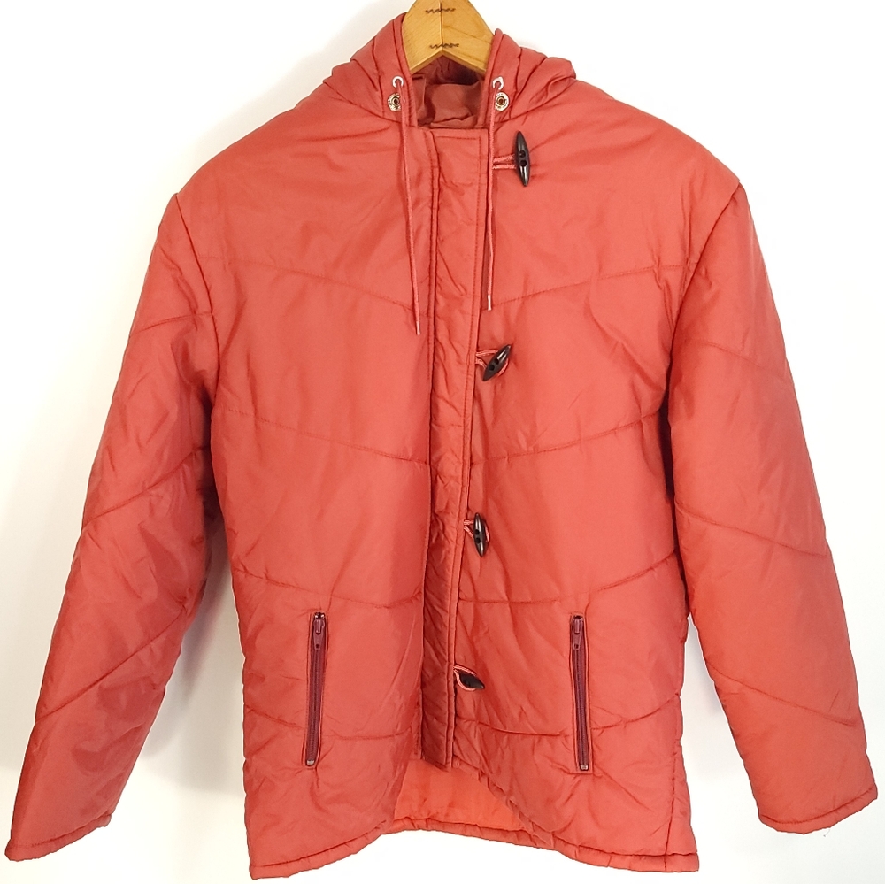 Vtg Sears Jacket Coat Womens Large Burnt Orange Hood Insulated Zip Front 70s 80s